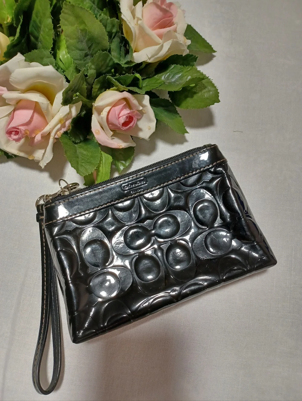 Coach Black Patent Leather Embossed Signature Wristlet